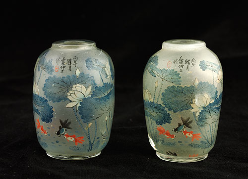 叶仲三款荷塘游鱼纹内画鼻烟壶| 湖南博物院 叶仲三款荷塘游鱼纹内画鼻烟壶| 湖南博物院