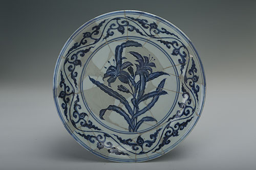Blue-and-white plate with the design of plants