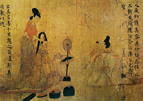 顾恺之《女史箴图》(东晋)中对镜梳妆场景