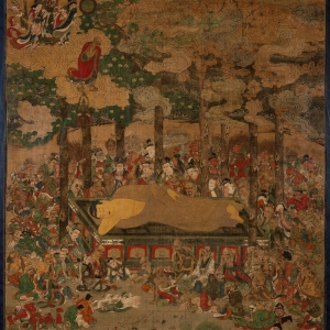 明代 绢本设色 157×100厘米 长沙市大观仓艺术博物馆藏 释迦牟尼入大涅槃图