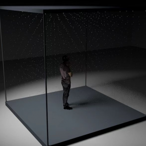 装置 /100×100×100cm/ ⽔、电路控制、震动单元、LED 灯 /2022 作品整体视觉上呈现为两块简洁的方形石材被中间的水珠隔开,水珠为悬浮上升状态。从某种程度上来讲,我制作了一个现代的简洁的“方鼎”。作品具有象征意义,“重”的两块方形石材象征天与地,而“虚”的水珠倒流象征着时间。作品常态下为水珠缓慢的上升,当有观众在特定位置大声呼喊,声音分贝超过作品设定分贝值时,水珠则呈现静止悬浮状态,直至声音低于预设分贝值。 吕连涛《时间的缝》