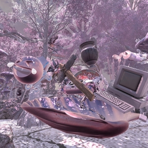 VR/ 尺寸可变 / 数码 /2022 这是一件 VR 游戏艺术作品,参与者以第一人称视角沉浸于一个粉色赛博丛林。在这个世界中,散落着各种对人类艺术史产生重要影响的工具,如青铜器制造时用的石锤、印刷术相关的印刷机等。参与者需收集这些工具并放入一个“灵感触发器”中。“灵感触发器”是一个不断在加载着的贝壳,当参与者收集齐9个工具放入触发器后,她/他将被机械钳子抓起,随着视角改变,她/他将发现自己所处的世界实际上是一个由后人类操控的夹娃娃机,而自己也是其中的一个游戏道具。 韩娅娟《这不是一个游戏:创意栖息地》