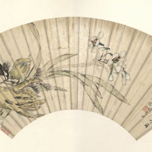清光绪十年(1884) 纸本设色 17×49.7cm 款识:凌波渺然,亦佛亦仙,请与尔同参一指之禅。甲申闰月,拟芳草堂设色,应杞山一兄大人属正,弟周星誉。 印鉴:昀叔(朱文) 周星誉 佛手图扇页