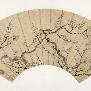 尹金阳 墨梅图扇页 清光绪三十四年(1908) 纸本水墨 17.6×50cm 款识:纫弥仁兄雅鉴,尹金阳时年七十有三。 印鉴:尹氏(朱文),金阳(白文)清光绪三十四年(1908) 纸本水墨 17.6×50cm 款识:纫弥仁兄雅鉴,尹金阳时年七十有三。 印鉴:尹氏(朱文),金阳(白文) 尹金阳(1835-1919),字和伯,号和光老人,湖南湘潭人。工画花卉草虫,学元人,缜密工雅,有冷逸神韵之趣。善画梅,著称于时,又善临摹古画。 尹金阳 墨梅图扇页