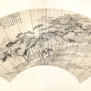清 纸本设色 18×53.7cm 款识:大兄出萐嘱画,藏之篋中已阅三载,今民老来浔,代其坐索,特为检出。上有刘寓翁游白雀一词,吟泳之余,风景依然,山川在目,喜而图此。请正,吕学。 印鉴:吕(白文),学(白文) 此画布局自然巧妙,构图严谨,松林以斜势贯穿扇面,远近交替间,楼阁、人物点缀其中,画中描绘亭台楼阁掩映于葱郁绵延的松林之中,林间数人雅集凉亭之中,江面有船只正欲靠岸,一高士正执杖往集会处走去,场景描绘生动,画面墨色浓淡变化自然,虚实相生,笔墨苍润精炼,略施淡色,作品气韵流转,表现出高逸的画意。 吕学 山水扇页