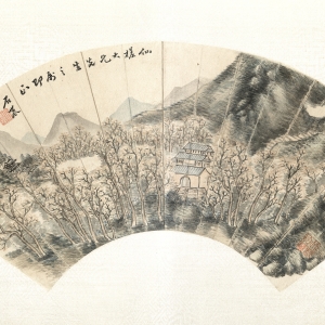 清 纸本设色 17×48.3cm 款识:仙槎大兄先生之属即正,石农。 印鉴:石农(白文) 此图笔墨浑厚华滋,设色以花青赭石为主调,墨气浓润,层层皴染,笔法简练老辣,画风清奇,近于金陵画派龚贤画风,亦具有个人特色。 董棨 山水扇页