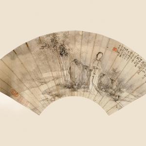 清同治六年(1867) 纸本水墨 18.5×51cm 款识:微茫月色感秋怀,竹影交横碍堕钗。昨梦欲寻何处地,露凉湿透凤头鞋。丁卯仲夏摹玉壶道士笔法为云峰老兄有道詧正。清溪樵子弟钱惠安秃笔志于五砚庐。 印鉴:告生(白文) 三十以后笔墨(朱文) 钱慧安 仕女图扇页