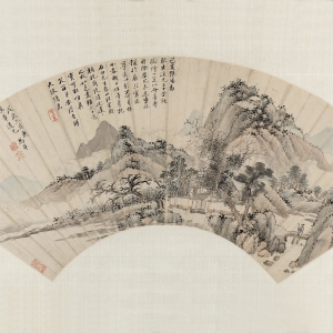 清康熙二十七年(1688) 纸本设色 19×56厘米 款识:己亥艳阳为服老道兄三十荣诞,擬绘一箑,以介眉寿时际,尘冗未遑涂抹,预于扇头写定,尊表以彰,不可易移。小春朔日始得摹就石田先生春山玘云图,补祝岗陵,谨述迟迟之故如是。画虽欠工,意实可取。惟冀笑留,弟亦得自解夫疏慵矣。戊辰三月为服章道兄。马昂。 印鉴:云上(朱文) 马昂(白文) 扇页摹沈周笔意,画面妩媚明丽。释文中“以介眉寿”一词出自《诗经·豳风·七月》:“八月剥枣,十月获稻。为此春酒,以介眉寿。”古人认为眉毛长的人,寿命也长,“以介眉寿”为祝贺长寿之意。 马昂 春山积翠图扇页