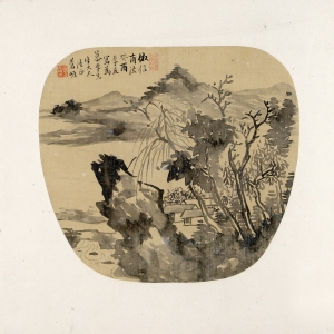 民国二十二年(1933年) 绢本水墨 22.2×24.5厘米 款识:仿信甫法。癸酉季夏写为慕李先生大人法正,苍岩。 印鉴:石云之印(白文) 苍岩 山水图扇页